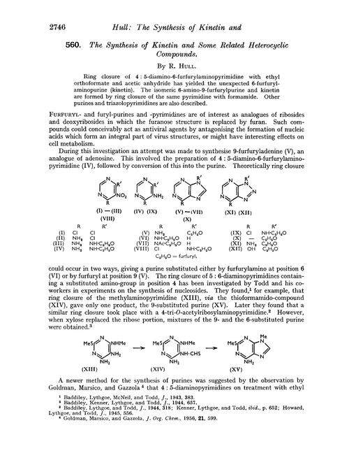 560. The synthesis of kinetin and some related heterocyclic compounds