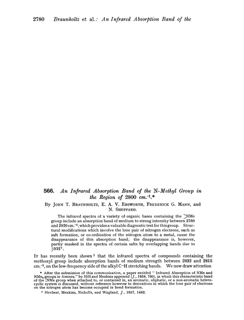 566. An infrared absorption band of the N-methyl group in the region of 2800 cm.–1