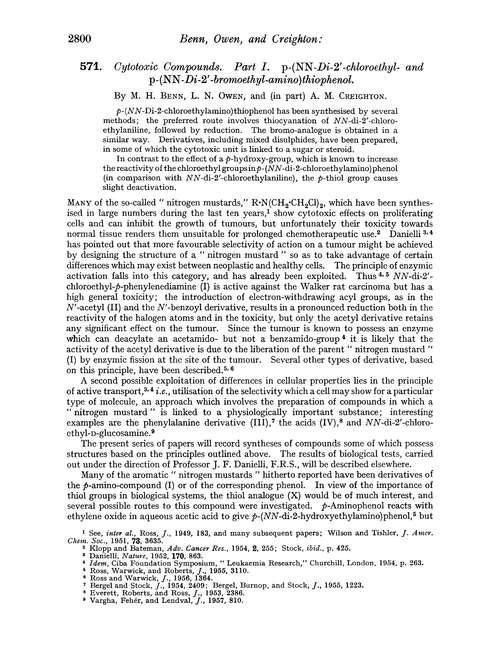 571. Cytotoxic compounds. Part I. p-(NN-di-2′-chloroethyl- and p-(NN-di-2′-bromoethyl-amino)thiophenol