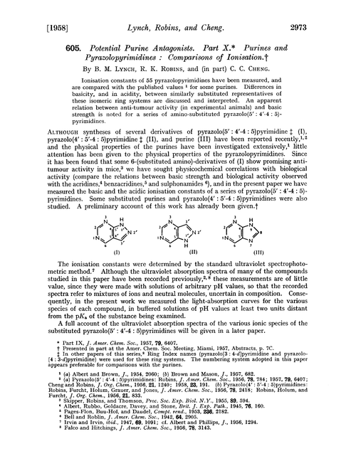 605. Potential purine antagonists. Part X. Purines and pyrazolopyrimidines: comparisons of ionisation