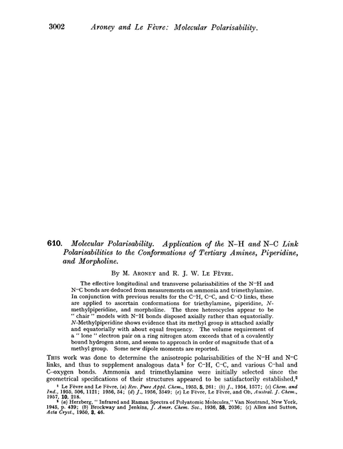 610. Molecular polarisability. Application of the N–H and N–C link polarisabilities to the conformations of tertiary amines, piperidine, and morpholine