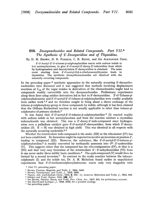 616. Deoxynucleosides and related compounds. Part VII. The synthesis of 2′-deoxyuridine and of thymidine