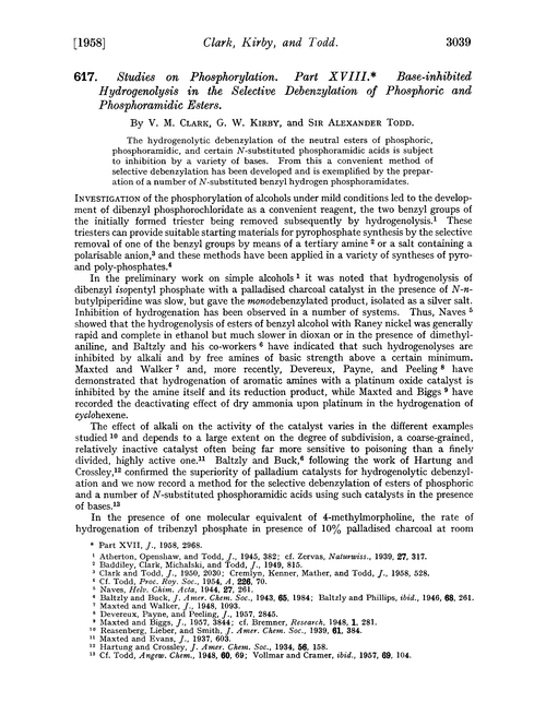 617. Studies on phosphorylation. Part XVIII. Base-inhibited hydrogenolysis in the selective debenzylation of phosphoric and phosphoramidic esters
