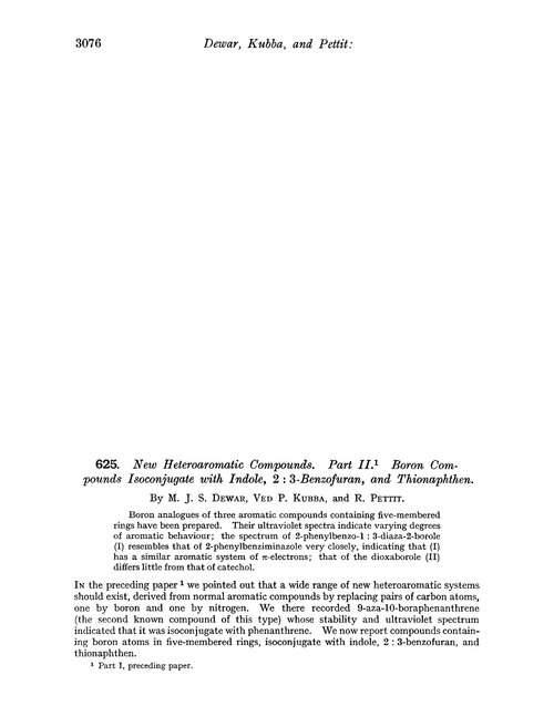 625. New heteroaromatic compounds. Part II. Boron compounds isoconjugate with indole, 2 : 3-benzofuran, and thionaphthen