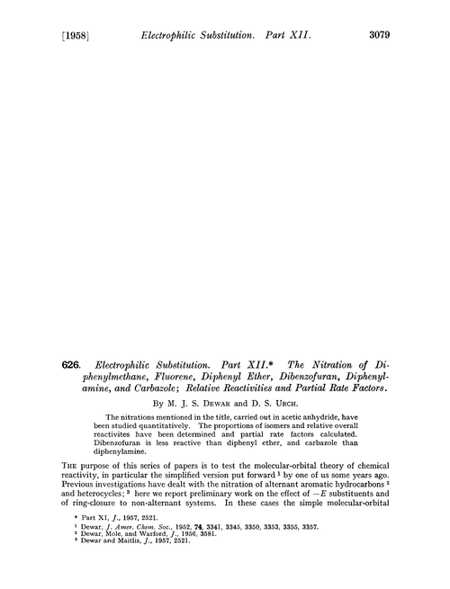 626. Electrophilic substitution. Part XII. The nitration of diphenylmethane, fluorene, diphenyl ether, dibenzofuran, diphenylamine, and carbazole; relative reactivities and partial rate factors