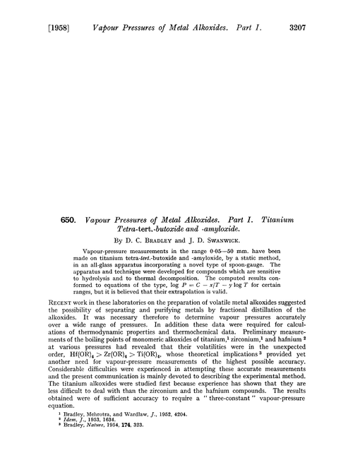 650. Vapour pressures of metal alkoxides. Part I. Titanium tetra-tert.-butoxide and -amyloxide
