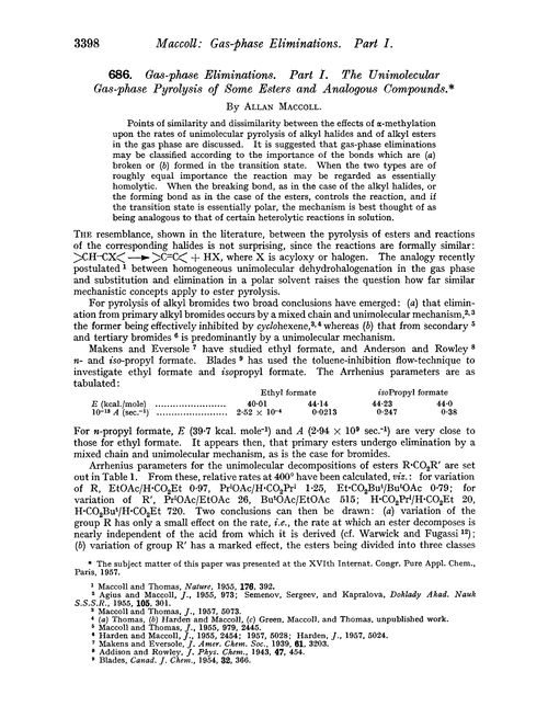 686. Gas-phase eliminations. Part I. The unimolecular gas-phase pyrolysis of some esters and analogous compounds