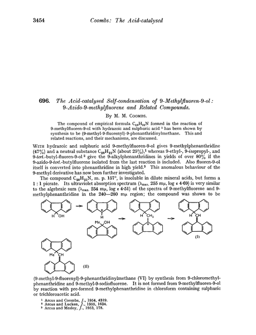 696. The acid-catalysed self-condensation of 9-methylfluoren-9-ol: 9-azido-9-methylfluorene and related compounds