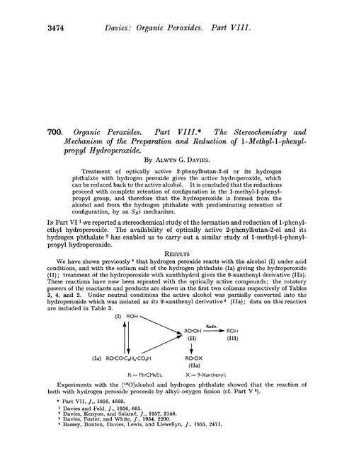700. Organic peroxides. Part VIII. The stereochemistry and mechanism of the preparation and reduction of 1-methyl-1-phenylpropyl hydroperoxide