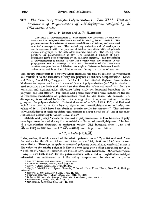 707. The kinetics of catalytic polymerisations. Part XII. Heat and mechanism of polymerisation of α-methylstyrene catalysed by the chloroacetic acids