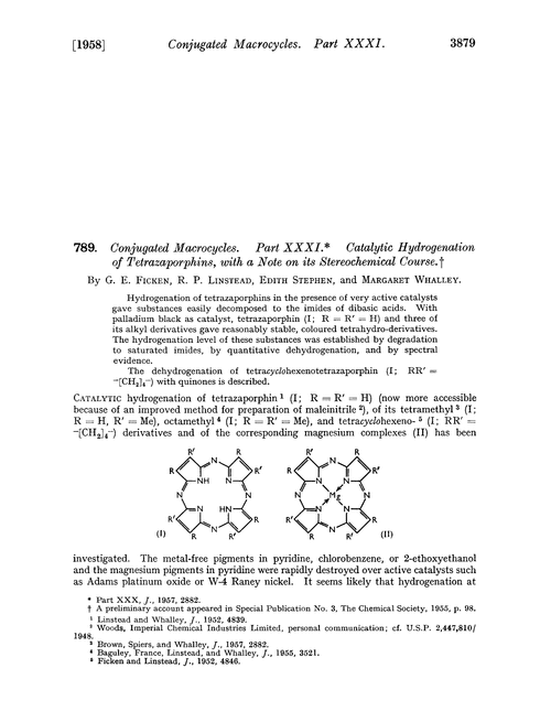 789. Conjugated macrocycles. Part XXXI. Catalytic hydrogenation of tetrazaporphins, with a note on its stereochemical course