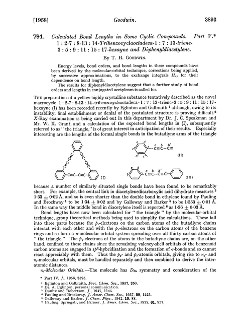 791. Calculated bond lengths in some cyclic compounds. Part V. 1 : 2-7 : 8-13 : 14-Tribenzocycloctadeca-1 : 7 : 13-triene-3 : 5 : 9 : 11 : 15 : 17-hexayne and diphenyldiacetylene