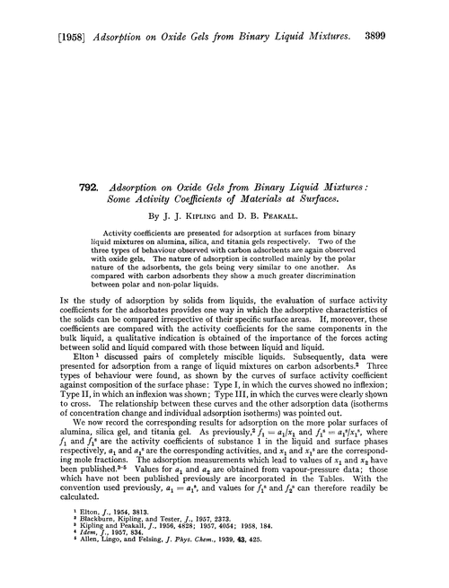792. Adsorption on oxide gels from binary liquid mixtures: some activity coefficients of materials at surfaces