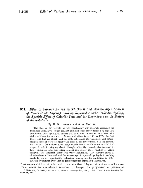 811. Effect of various anions on thickness and active-oxygen content of nickel oxide layers formed by repeated anodic–cathodic cycling; the specific effect of chloride ions and its dependence on the nature of the substrate