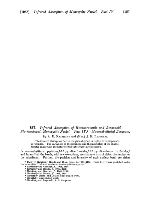 837. Infrared absorption of heteroaromatic and benzenoid six-membered, monocyclic nuclei. Part IV. Monosubstituted benzenes