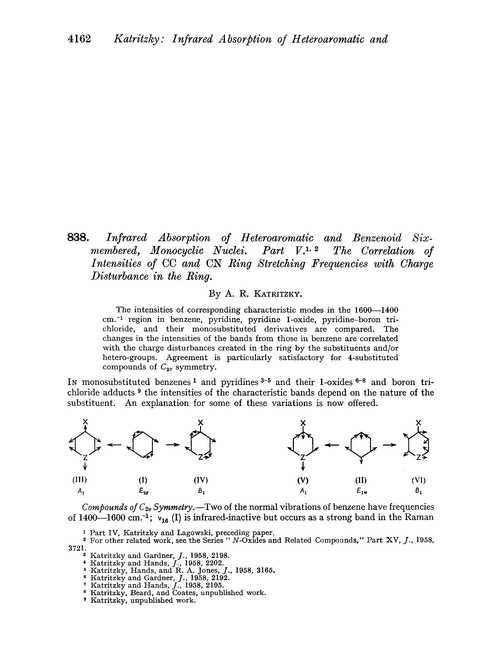 838. Infrared absorption of heteroaromatic and benzenoid sixmembered, monocyclic nuclei. Part V. The correlation of intensities of CC and CN ring stretching frequencies with charge disturbance in the ring