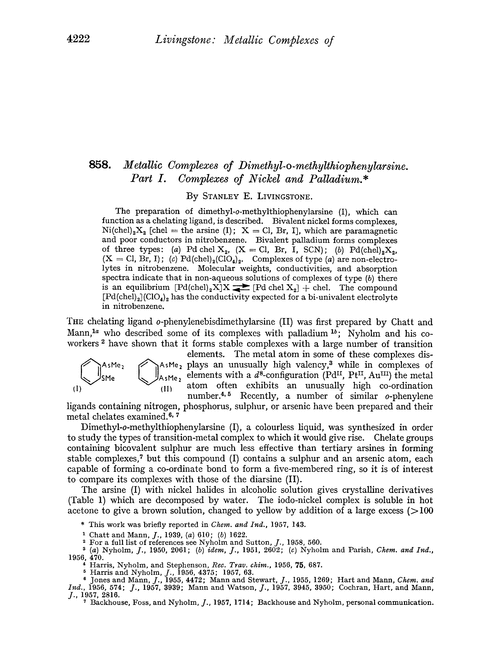 858. Metallic complexes of dimethyl-o-methylthiophenylarsine. Part I. Complexes of nickel and palladium