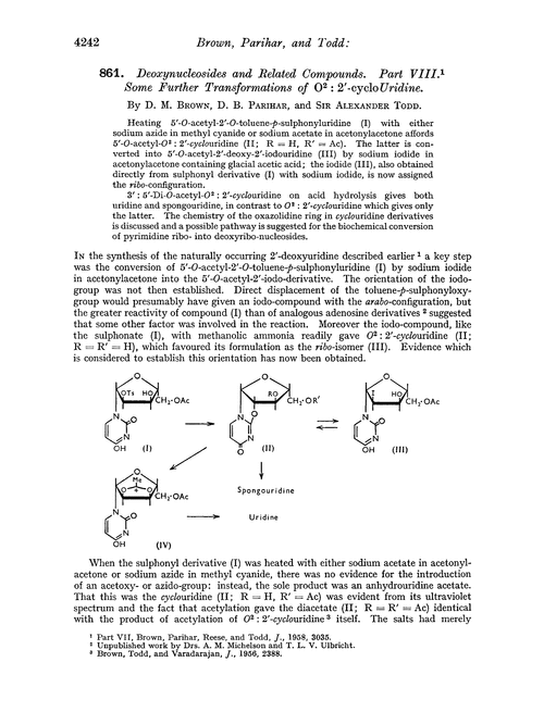 861. Deoxynucleosides and related compounds. Part VIII. Some further transformations of O2 : 2′-cyclouridine
