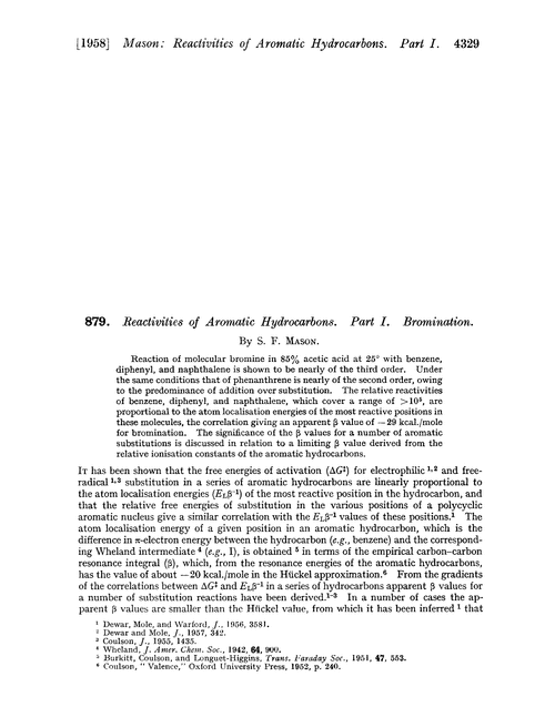 879. Reactivities of aromatic hydrocarbons. Part I. Bromination