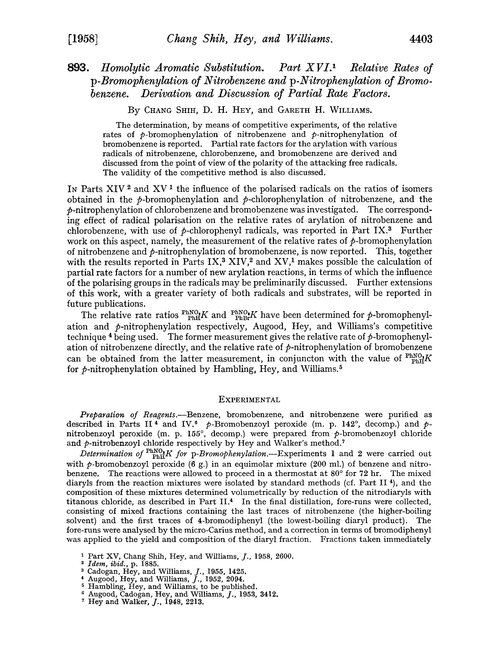 893. Homolytic aromatic substitution. Part XVI. Relative rates of p-bromophenylation of nitrobenzene and p-nitrophenylation of bromobenzene. Derivation and discussion of partial rate factors