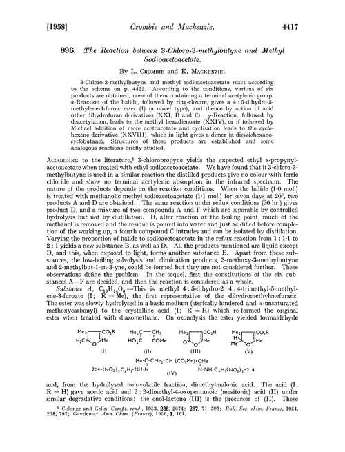 896. The reaction between 3-chloro-3-methylbutyne and methyl sodioacetoacetate