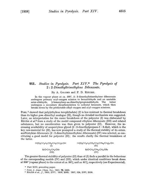 911. Studies in pyrolysis. Part XIV. The pyrolysis of 2 : 2-dimethyltrimethylene dibenzoate