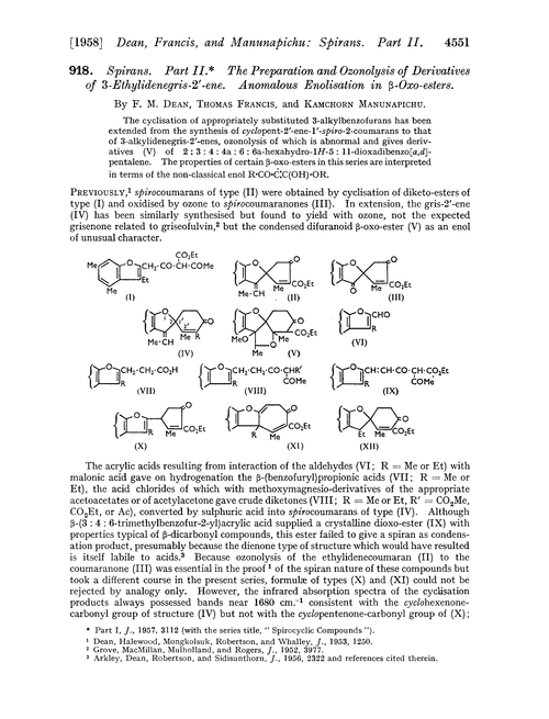 918. Spirans. Part II. The preparation and ozonolysis of derivatives of 3-ethylidenegris-2′-ene. Anomalous enolisation in β-oxo-esters