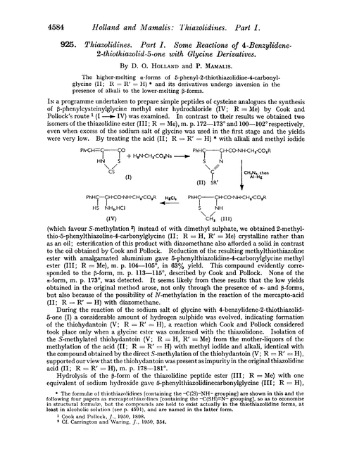 925. Thiazolidines. Part I. Some reactions of 4-benzylidene-2-thiothiazolid-5-one with glycine derivatives