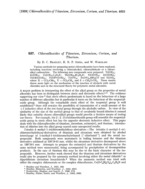 937. Chloroalkoxides of titanium, zirconium, cerium, and thorium
