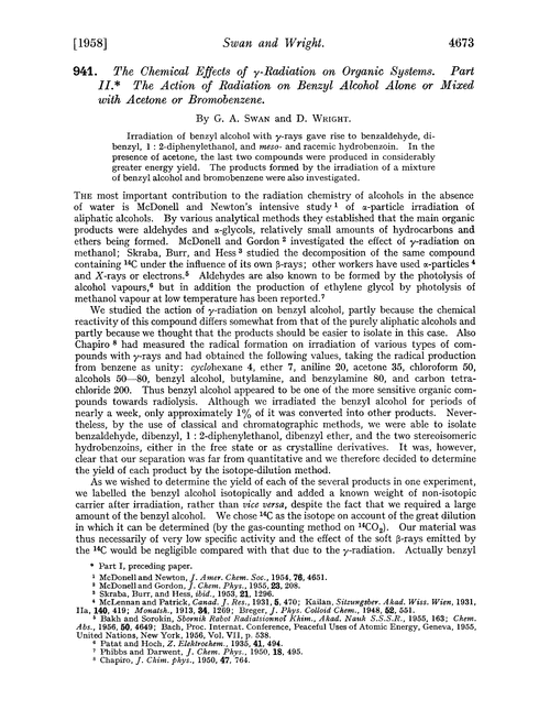 941. The chemical effects of γ-radiation on organic systems. Part II. The action of radiation on benzyl alcohol alone or mixed with acetone or bromobenzene
