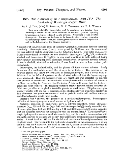 947. The alkaloids of the amaryllidaceae. Part IV. The alkaloids of brunsvigia cooperi baker