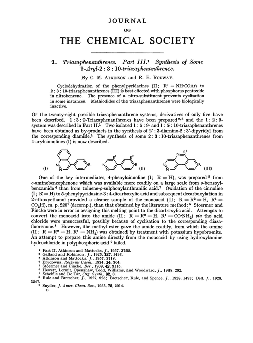 1. Triazaphenanthrenes. Part III. Synthesis of some 9-aryl-2 : 3 : 10-triazaphenanthrenes