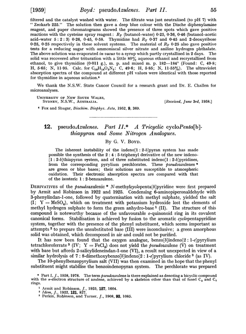 12. pseudoAzulenes. Part II. A tricyclic cyclopenta[b]-thiapyran and some nitrogen analogues
