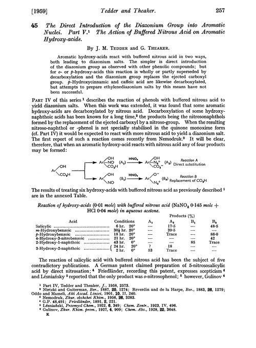45. The direct introduction of the diazonium group into aromatic nuclie. Part V. The action of buffered nitrous acid on aromatic hydroxy-acids