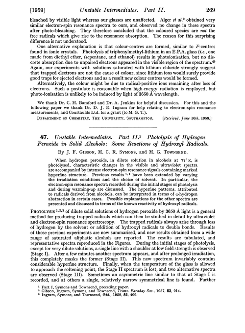 47. Unstable intermediates. Part II. Photolysis of hydrogen peroxide in solid alcohols: some reactions of hydroxyl radicals