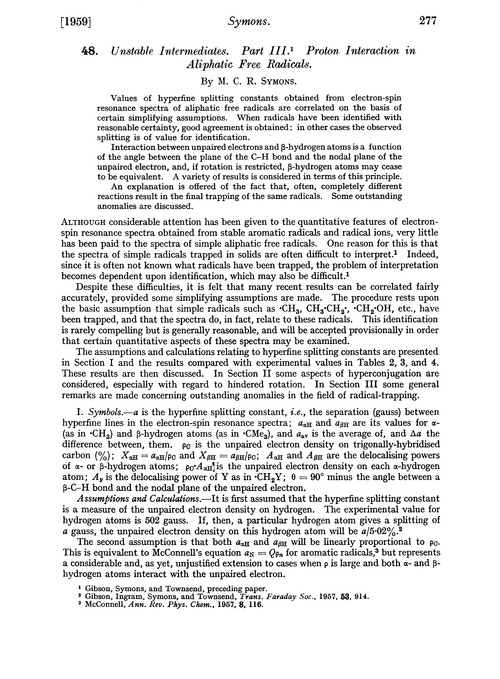 48. Unstable intermediates. Part III. Proton interaction in aliphatic free radicals