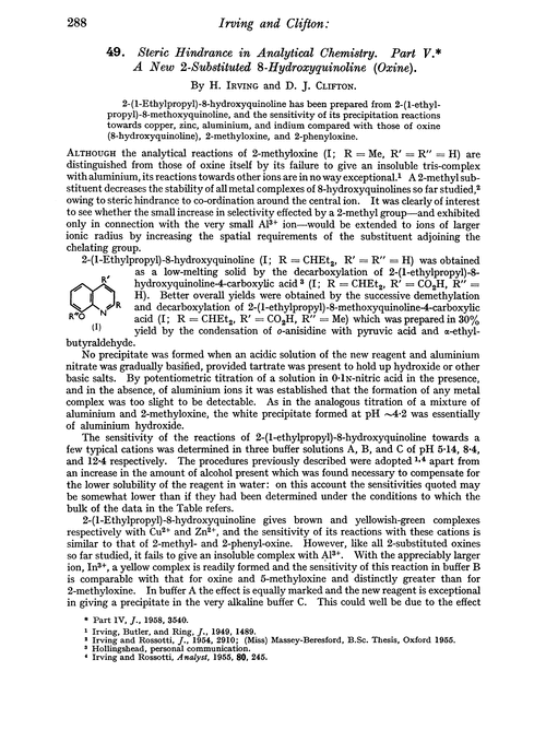 49. Steric hindrance in analytical chemistry. Part V. A new 2-substituted 8-hydroxyquinoline (oxine)