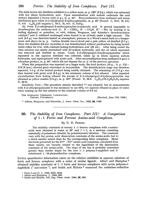 50. The stability of iron complexes. Part III. A comparison of 1 : 1 ferric and ferrous amino-acid complexes