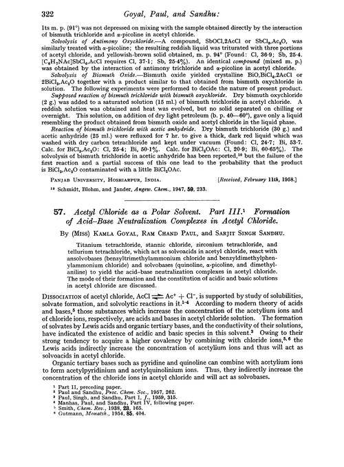 57. Acetyl chloride as a polar solvent. Part III. Formation of acid–base neutralization complexes in acetyl chloride