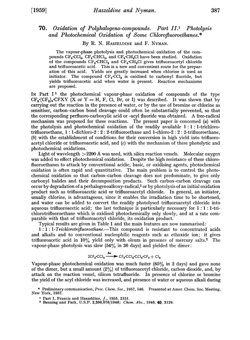 70. Oxidation of polyhalogeno-compounds. Part II. Photolysis and photochemical oxidation of some chlorofluoroethanes