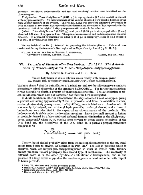 79. Peroxides of elements other than carbon. Part IV. The autoxidation of tri-sec.-butylboron to sec.-butyldi-(sec.-butylperoxy)boron