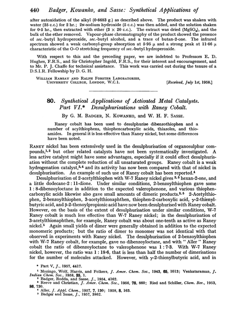 80. Synthetical applications of activated metal catalysts. Part VI. Desulphurisations with Raney cobalt