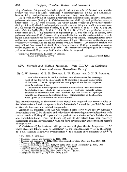 127. Steroids and Walden inversion. Part XLII. 5α-Cholestan-4-one and some derivatives thereof