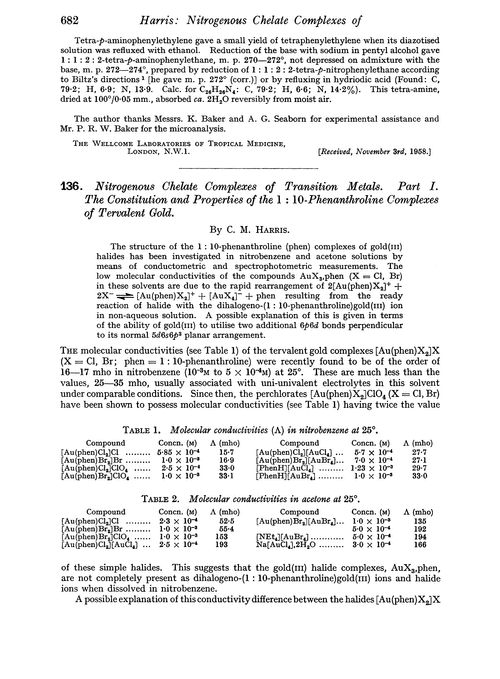 136. Nitrogenous chelate complexes of transition metals. Part I. The constitution and properties of the 1 : 10-phenanthroline complexes of tervalent gold