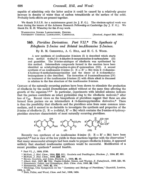 140. Pteridine derivatives. Part VII. The synthesis of riboflavin 2-imine and related isoalloxazine 2-imines