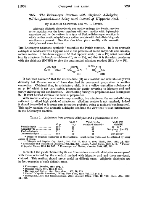 145. The Erlenmeyer reaction with aliphatic aldehydes, 2-phenyloxazol-5-one being used instead of hippuric acid