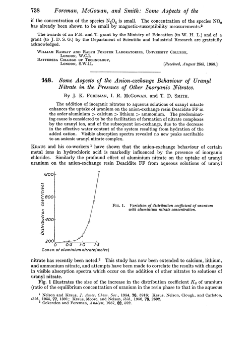148. Some aspects of the anion-exchange behaviour of uranyl nitrate in the presence of other inorganic nitrates