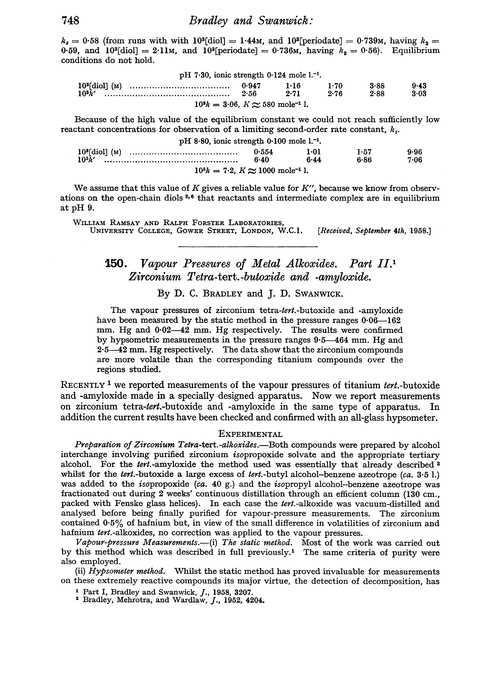 150. Vapour pressures of metal alkoxides. Part II. Zirconium tetra-tert.-butoxide and -amyloxide