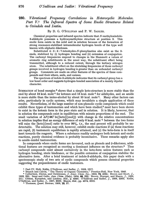 180. Vibrational frequency correlations in heterocyclic molecules. Part V. The infrared spectra of some enolic structures related to oxinodole and isatin