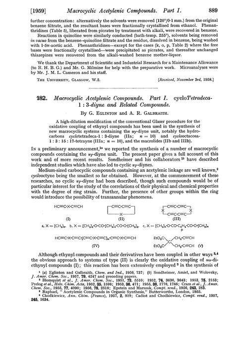 182. Macrocyclic acetylenic compounds. Part I. Cyclotetradeca-1 :3-diyne and related compounds
